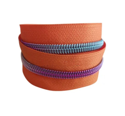 Orange with Rainbow Gradient Teeth Zipper Tape