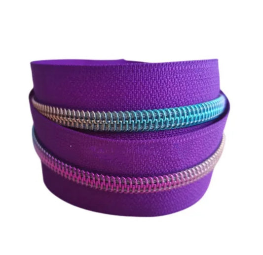 Violet Purple Zipper Tape with Rainbow Gradient Teeth